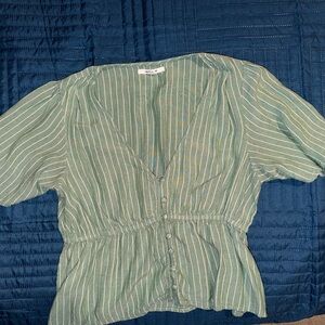 O'Neill Green Striped Button-Up Blouse